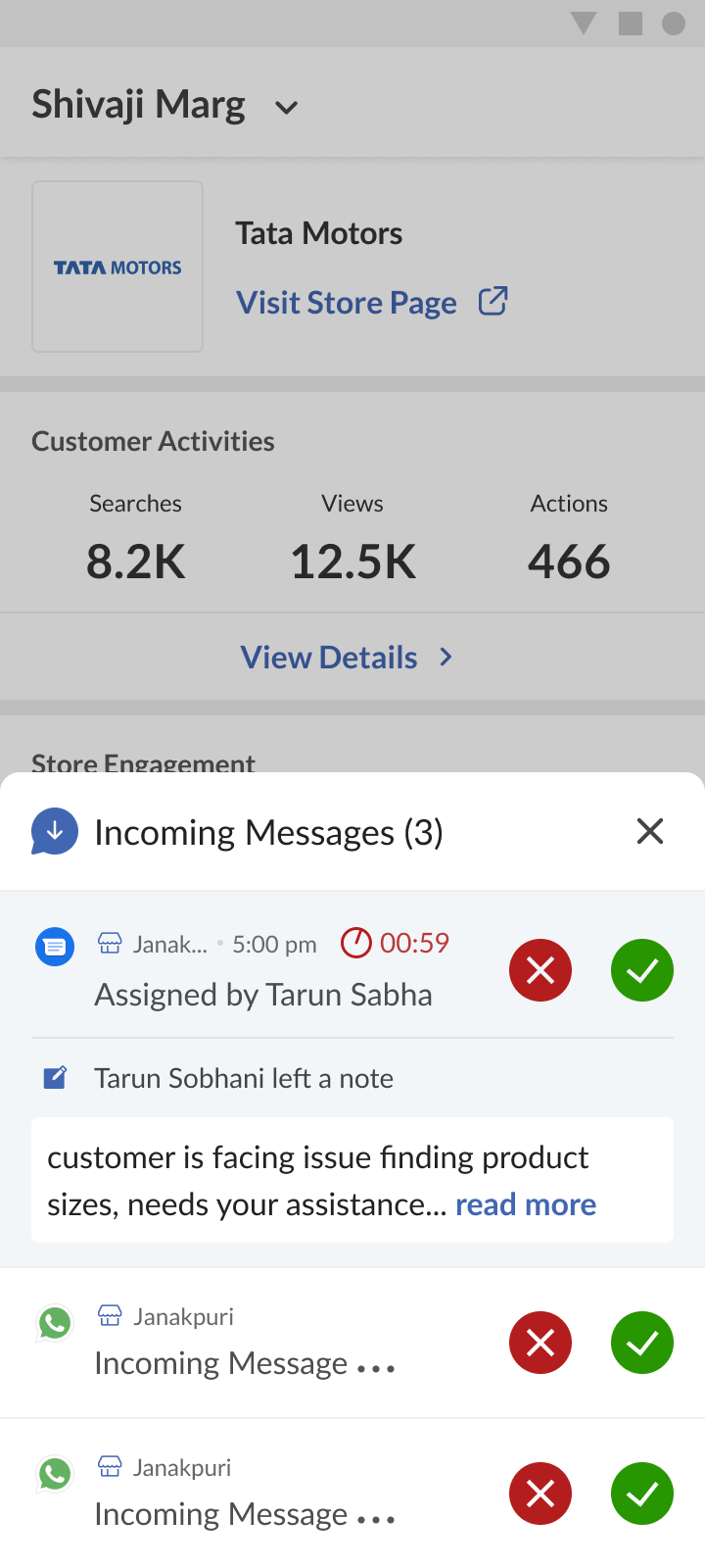 Incoming message assigned to a team member with a handoff note