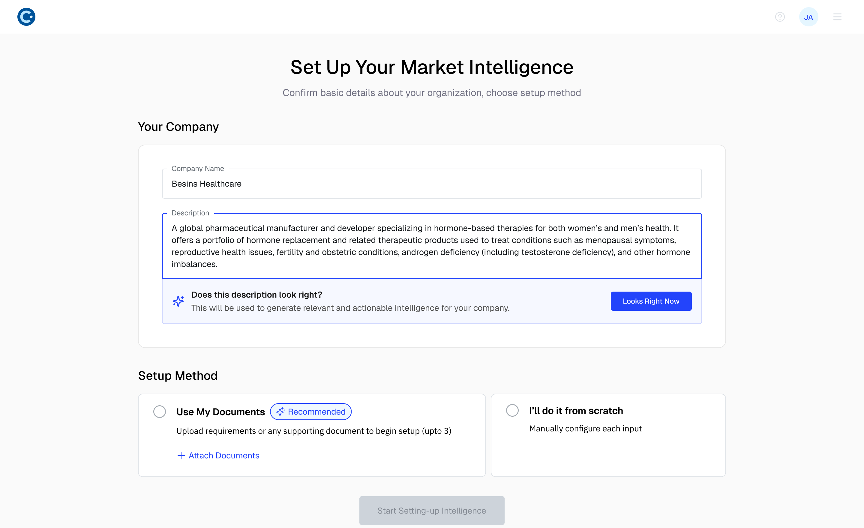 Set Up Your Market Intelligence — initial setup screen
