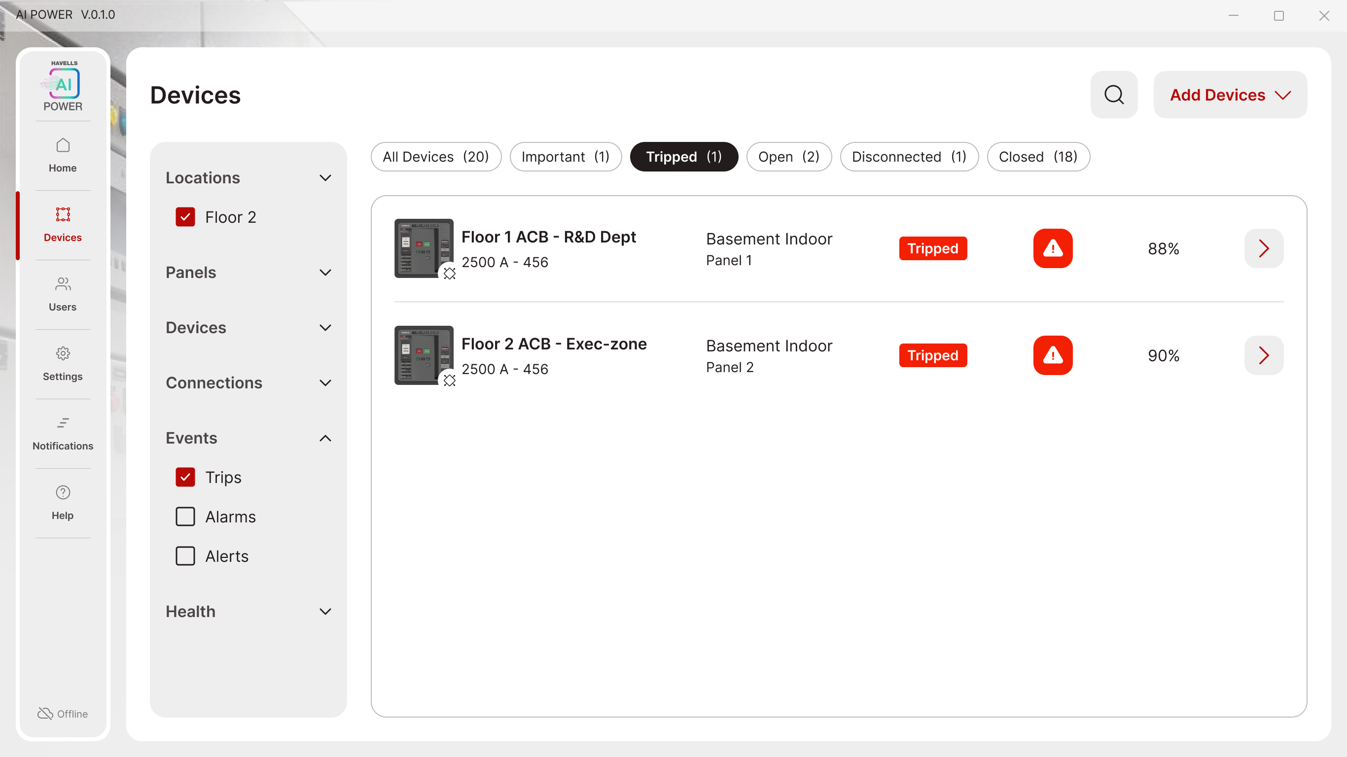 Devices filtered by trip status