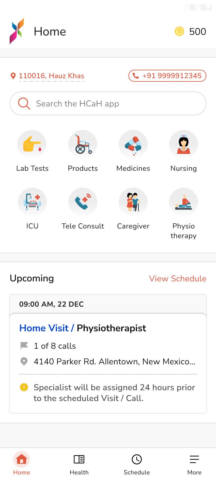 HCAH home screen showing available services
