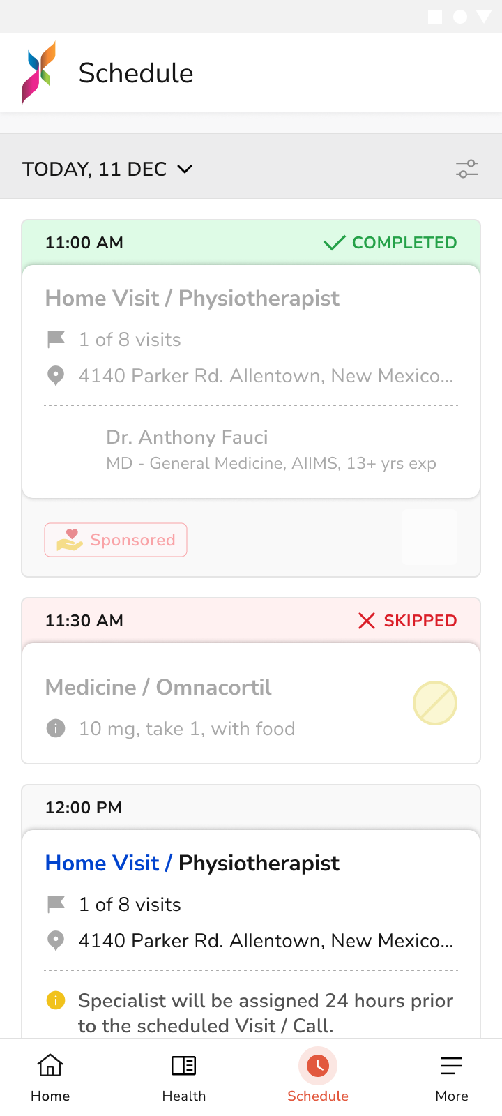 Daily schedule and medication cards