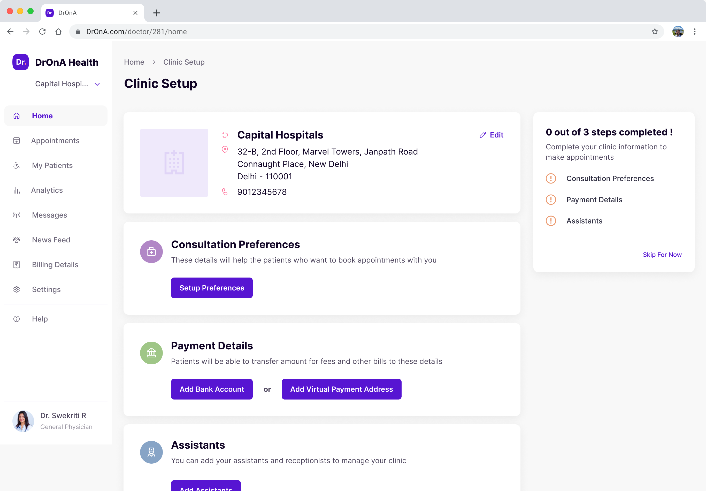 Clinic setup and onboarding screen
