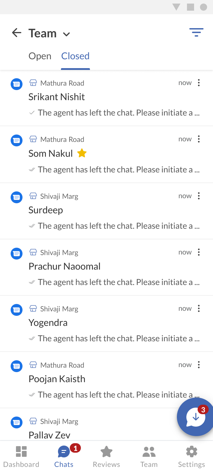 Team chats inbox with open and closed tabs